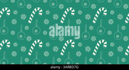 Gestreifte Candy Cane Weihnachtsspielzeuge Schneeflocken nahtloses Muster Kreideeffekt Licht oder trendiger Smaragd. Isolierte Vektor-Illustration Gruß Thematische Karte Wallpaper Poster oder Web Promo Faltblatt, Etikett, Tag Stock Vektor