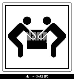 Ein einfaches Schwarzweiß-Symbol, das zwei Personen zeigt, die zusammen eine Box heben, und symbolisiert Teamarbeit, Zusammenarbeit und gemeinsame Anstrengungen bei verschiedenen Aufgaben. Stock Vektor