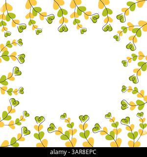 Umrandung Herzform Zweige auf grüner und gelber Herzform Quadratischer Rahmen Kopierraum Vorlage. Isolierte Vektor-Illustration thematische saisonale Karten Poster oder Web-Werbebanner, Flugblätter, Preisschild Stock Vektor