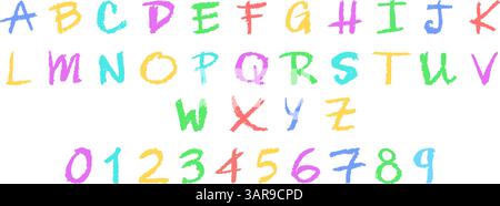 Bunte Vektorillustration des englischen Alphabets und der Zahlen 0-9, handgezeichnet in einem Buntstift, Kreide, Pastellfarben oder Wachs. Markierungseffekt auf einem Stock Vektor
