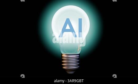 Eine 3D-Darstellung der Glühlampe, die vor einem krassen schwarzen Hintergrund beleuchtet wird, und im Inneren der Glühlampe werden die Buchstaben „AI“ angezeigt. Stockfoto