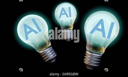 Eine 3D-Darstellung der Glühlampe, die vor einem krassen schwarzen Hintergrund beleuchtet wird, und im Inneren der Glühlampe werden die Buchstaben „AI“ angezeigt. Stockfoto