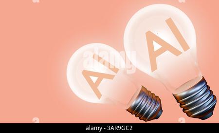 Eine 3D-Darstellung der Glühlampe, die vor einem krassen schwarzen Hintergrund beleuchtet wird, und im Inneren der Glühlampe werden die Buchstaben „AI“ angezeigt. Stockfoto