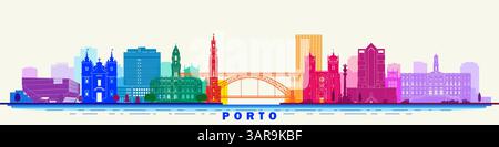 Porto Stadt Portugal Architektur berühmte Gebäude, Reise und Tourismus Thema Vektor Illustration Wandkunst Design. Stock Vektor