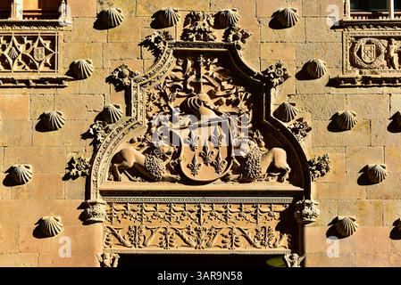 Die Fassade der Casa de las conchas, ein Gebäude aus dem 16. Jahrhundert, das mit 300 Muscheln dekoriert ist. Salamanca, Kastilien und Leon, Spanien Stockfoto