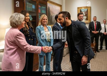 WASHINGTON DC, USA - 14. APRIL 2025 - US-Präsident Donald Trump veranstaltet am Montag, 14. April, ein bilaterales Treffen mit Präsident Nayib Bukele aus El Salvador. Stockfoto