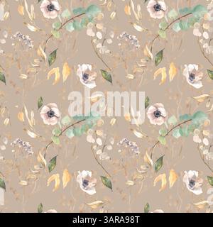 Nahtloses Aquarellmuster mit getrockneten Blumen Stockfoto