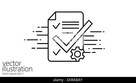 Dokumentieren Sie das Symbol der Checkliste mit dem Zahnrad. Workflow-Automatisierung für Verarbeitungsaufgaben. Softwarelösungen für das Business Project Management. Einfacher Linienzeichnungsvektor Stock Vektor