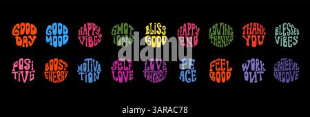 Lebendige Retro-Wörter für Positivität und Motivation im groovigen Stil der 60er Jahre Stock Vektor