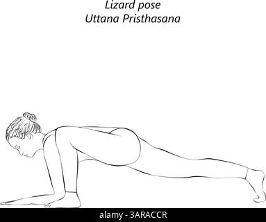 Skizze einer jungen Frau, die Uttana Pristhasana Yoga-Pose praktiziert. Eidechsen-Yoga-Pose. Mittlere Schwierigkeit. Isolierte Vektordarstellung. Stock Vektor