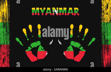 Vektorflagge von Myanmar in Form von friedlichen Palmen mit Text und Pinselstrichen auf schwarzem Hintergrund Stock Vektor
