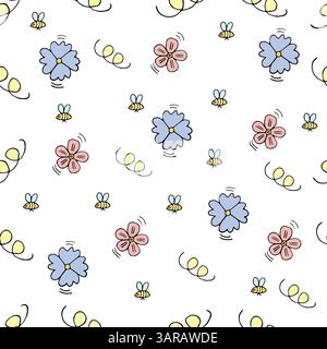 Nahtloses Muster mit Blumen und Bienen, alle auf hellem Hintergrund, Vektor Stock Vektor