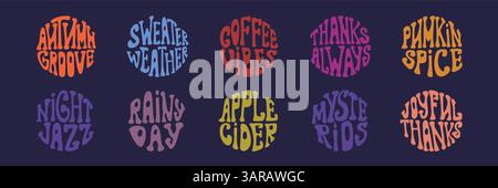 Groovige Retro-Textdesigns mit saisonalen Motiven in leuchtenden Farben Stock Vektor