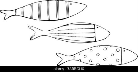 Große, längliche Fische von einfacher Form mit rustikalen Mustern. Handgezeichnete grafische Liniengrafik zum Thema Meer und Fischerei in schwarz-weißer Tinte. Satz von Stock Vektor