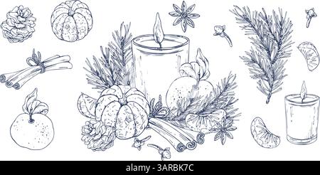 Weihnachtliche Einrichtung mit Mandarinen, Kerzen, Süßigkeiten und Kiefernzweigen. Grafische Abbildung, handgezeichnet mit schwarzer Tinte. Eine Gruppe separater isolierter Elemente Stock Vektor