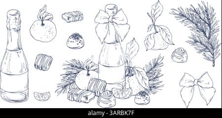 Weihnachtskollektion mit Mandarinen, Süßigkeiten, Gewürzen, Champagner und Pflanzen. Grafische Abbildung, handgezeichnet mit schwarzer Tinte. Eine Gruppe separater isolierter Elemente Stock Vektor