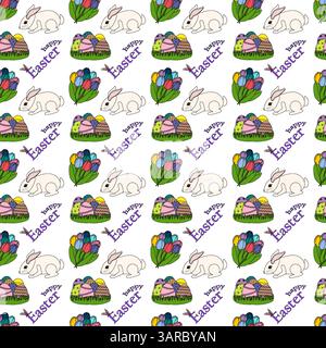 Nahtloses Muster mit Osterhasen, verzierten Eiern im Gras, Blumensträußen von Frühlingstulpen und - Happy Easter - Text auf weißem Hintergrund. Cartoon Fl Stock Vektor