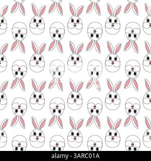 Nahtloses Muster von entzückenden anthropomorphen Osterhasen Eiergesichter mit rosa Ohren auf weißem Hintergrund. Flacher Cartoon-Style. Perfekt zum Einwickeln Stock Vektor