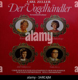 Vintage-Vinyl-Cover, Carl Zeller, Renate Holm, Anneliese Rothenberger, Adolf Dallapozza, Walter Berry, Chor der Wiener Staatsoper an der Volksoper, Willi Boskovsky, der Vogelverkäufer, komplette Aufnahme Stockfoto