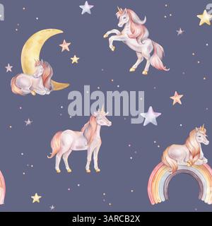 Nahtloses Aquarellmuster mit Einhorn und mehrfarbigen Sternen. Handgezeichnete Illustrationen des Hintergrunds für Kindertagetapeten, Babytextilien oder Stockfoto