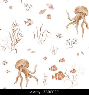 Nahtloses Muster mit Unterwassertieren. Handgezeichnete Aquarellillustration mit Seestern und Quallen. Wiederhole die Verzierung mit Algen und Meer Stockfoto