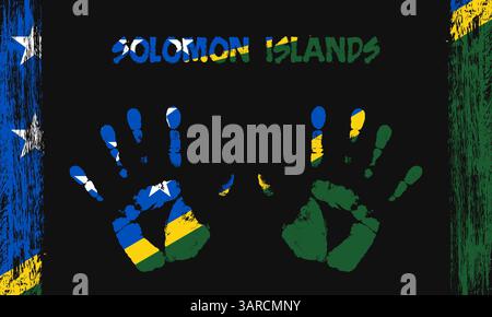 Vektorflagge der Salomonen-Inseln in Form von friedlichen Palmen mit Text und Pinselstrichen auf schwarzem Hintergrund Stock Vektor