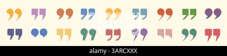 Eine Reihe von farbigen Anführungszeichen. Eine Sammlung von Zeichen, Anführungszeichen verschiedener Formen auf hellem Hintergrund. Stock Vektor