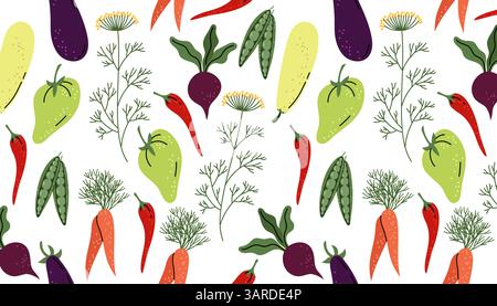 Handgezeichnetes nahtloses Muster mit Karotten, Paprika, Chili, Erbsen, Dill, und Auberginen in flachem Cartoon-Stil auf weißem horizontalen Hintergrund. Vektor Stock Vektor