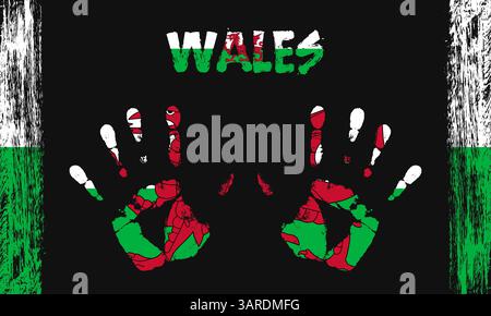 Vektorflagge von Wales in Form von friedlichen Palmen mit Text und Pinselstrichen auf schwarzem Hintergrund Stock Vektor