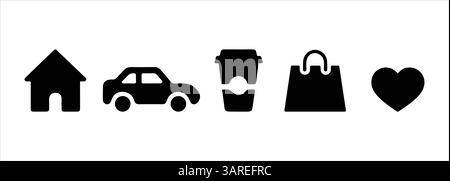 Haus, Auto, Kaffee, Einkaufstasche, Herz, Symbole Ausfüllen. Für Web- und App-Symbol Stock Vektor