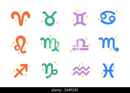 Bunte Sternzeichen Set isolierter astrologischer Elemente. Sternzeichen mit funkelnden Akzenten. Niedliches, einfaches Design. Vektor-Clipart-Illustrationen Stock Vektor
