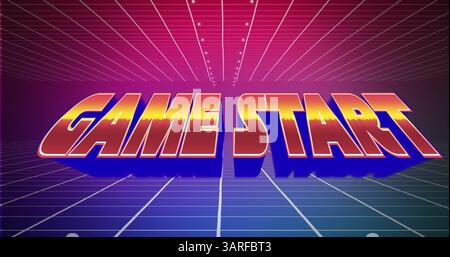 Digitales Bild eines Startzeichens, das auf dem Bildschirm vergrößert wird, während der Hintergrund grüne quadratische Umrisse zeigt Stockfoto