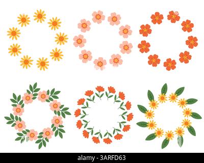 Blumenkränze Set, Vektor flache Stil, Frühling und Sommer Blumen, dekorative Rahmen, süßes Blumendesign, Kränze mit Blättern, Naturelemente, für das Auto Stock Vektor