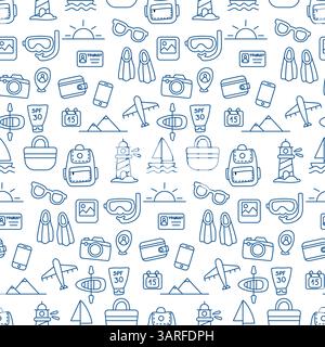 Nahtloses Reisemuster im Doodle-Stil mit blauer Umrandung, einschließlich Flugzeug, Kamera, Flossen, SPF, Kajak, Tasche, Rucksack, Leuchtturm, perfekt für Fabelwesen Stock Vektor