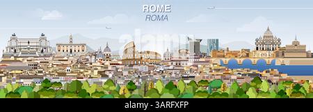 Skyline der Stadt Rom auf einem Gefälle wunderschöner Hintergrund des Tageshimmels. Vektorabbildung Stock Vektor
