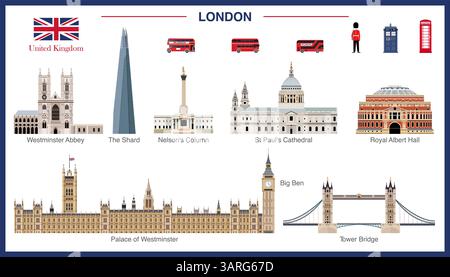 Londons Wahrzeichen und Attraktionen. Vektor-isolierte detaillierte farbige Symbole Stock Vektor