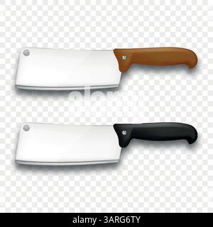 Realistic Vector 3D Küchenmesser Set, isoliert. Küchenchef, Universalmesser, scharfe Edelstahlklingen mit Holzgriff und schwarzem Griff. Kochwerkzeuge Stock Vektor