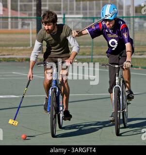 17. Februar 2010 - St. Petersburg, Florida, USA - SP 318919 CERR bikepolo 2 aus 4 (17.2.2010, St. Petersburg) Joseph Fawls (cq-links), 24, und Stu Giesecke (cq), 23, fahren mit Gear Bicycles, während sie am Dienstag im J.W. Cate Recreation Center Fahrrad spielen. [LARA CERRI Times] (Bild: © St. Petersburg Times/ZUMApress.com) Stockfoto