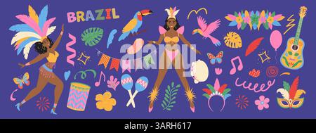 Set aus brasilianischen Karnevalselementen. Masken, exotischer Vogel, tanzende Frauen, Gitarre, Blumen. Moderne Vektorillustration. Stock Vektor