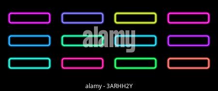 Leuchtende Neon-Aktionstasten mit glatten Ecken. Vektorsatz für Benutzeroberflächendesign Stock Vektor
