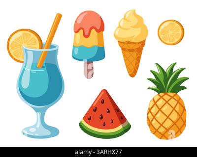 Tropische Speisen und Getränke im Sommer. Vektor-isolierte Illustrationen auf weißem Hintergrund Stock Vektor