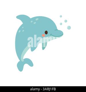 Lächelnder blauer Delfin-Zeichentrickfilm mit Blasen und geschwungenem Schwanz, ideal für Wasserfiguren, Meerestiere-Dekor und fröhliche Meeresgrafiken Stock Vektor