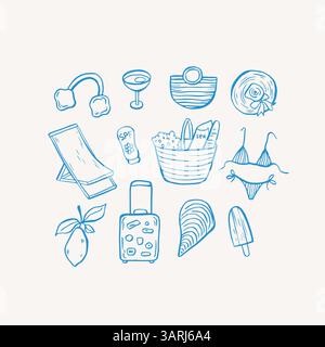 Sea Life Doodle Hand gezeichnete Vektor-Illustrationen. Mediterranes Leben in blauer Farbe Stock Vektor