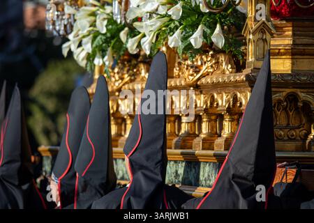 Detail der Dekoration des Festwagens der Unser Lieben Frau von der Einsamkeit des Kalvars am Gründonnerstag während der Karwoche in Murcia, Spanien. Stockfoto