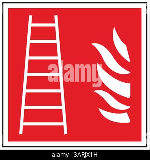 Weiße Leiter und stilisierte Flammen auf rotem Hintergrund zeigen den Fluchtweg an Stock Vektor