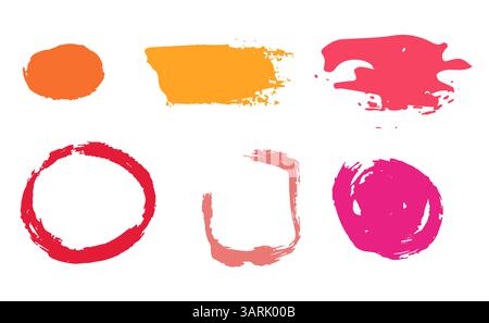 Sammlung von freihändig gezeichneter Grungy-Farbe, Pinsel, Pinsel, Striche, Punkte und Linien. Schmutzige künstlerische Designelemente. Farbenfrohe Vektorillustration Stock Vektor