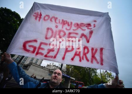 Juli 2013 - London, England, Vereinigtes Königreich - Hunderte von Demonstranten versammeln sich im Hyde Park, um Solidarität mit den Demonstranten des Gezi Park in der Türkei zu zeigen. Die türkische Polizei hat am zweiten Tag im Gezi-Park in Istanbul gewaltsam mit Demonstranten zusammengeschlagen. (Kreditbild: © Gail Orenstein/ZUMAPRESS.com) Stockfoto