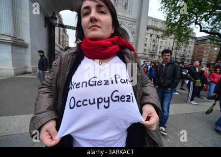Juli 2013 - London, England, Vereinigtes Königreich - Hunderte von Demonstranten versammeln sich im Hyde Park, um Solidarität mit den Demonstranten des Gezi Park in der Türkei zu zeigen. Die türkische Polizei hat am zweiten Tag im Gezi-Park in Istanbul gewaltsam mit Demonstranten zusammengeschlagen. (Kreditbild: © Gail Orenstein/ZUMAPRESS.com) Stockfoto