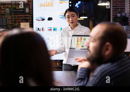 Der asiatische Finanzberater stellt vor dem digitalen Bildschirm Marketingtrends und Finanzdaten vor dem beschäftigten Startup-Team vor. Produktivität und Teamarbeit bei Besprechungen am späten Abend im Büro mit Ziegelmauern Stockfoto
