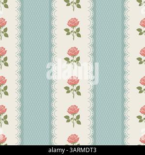 Nahtloses Vintage-Rosenmuster mit Spitze und vertikalen Streifen. Niedliche Vektor-Illustration Stock Vektor